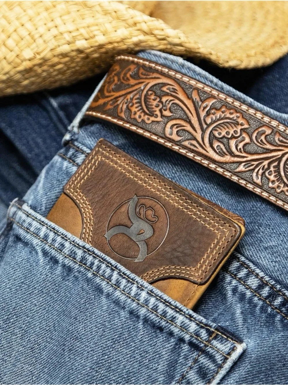 Hooey Brown Leather Checkbook Wallet with Embossed Logo